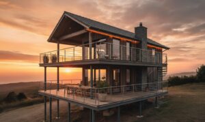 Zakázková terasa s kovovým zábradlím a ocelovou nosnou konstrukcí u moderního domu na kopci za soumraku.