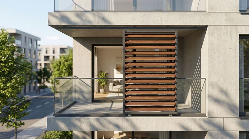 Ocelové pergoly a slunolamy: Posuvné stínění balkonu s dřevěným vzhledem a skleněným zábradlím
