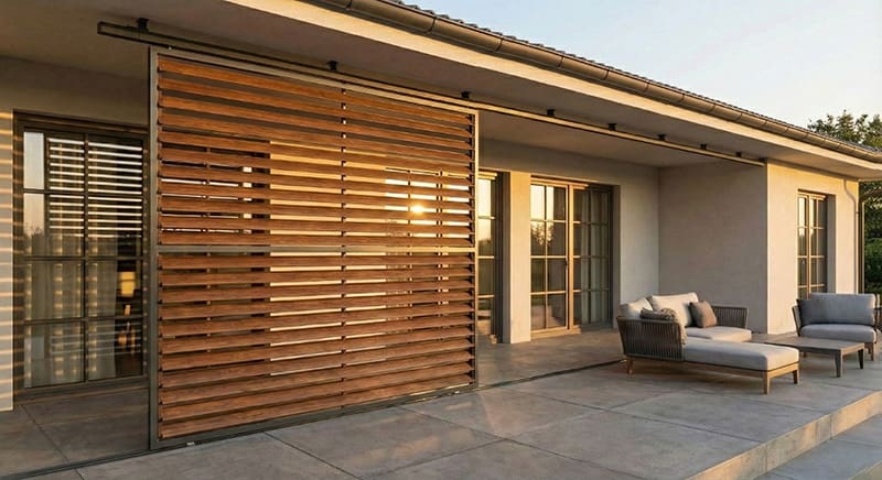 Posuvné pergoly z tahokovu s dřevěným vzhledem chrání terasu před sluncem.