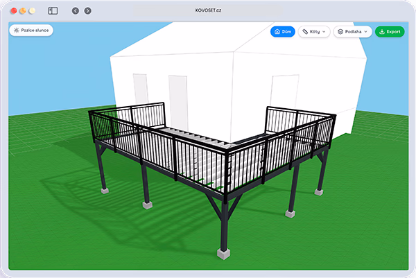 3D vizualizace ocelové terasy s černým zábradlím a práškovým lakem.