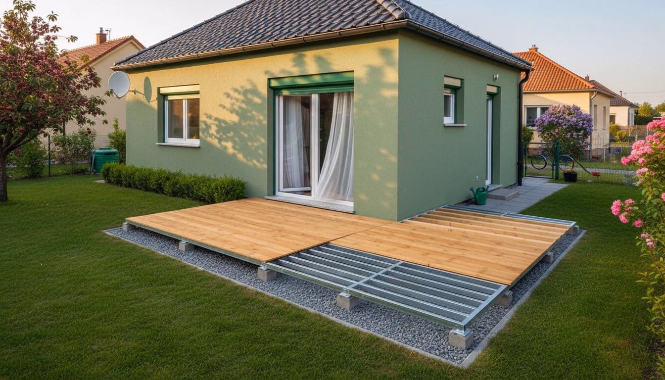 Ocelová konstrukce terasy s dřevěným povrchem v zahradě, částečně oplocená, v odpoledním slunci.