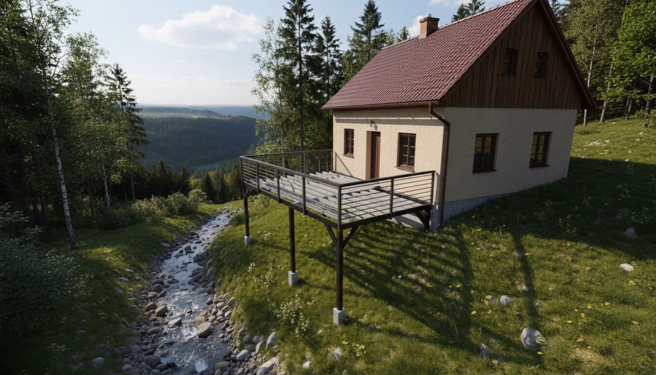 Ocelová terasa ve svahu, kovová konstrukce s tahokovovou podlahou a nerezovým zábradlím.