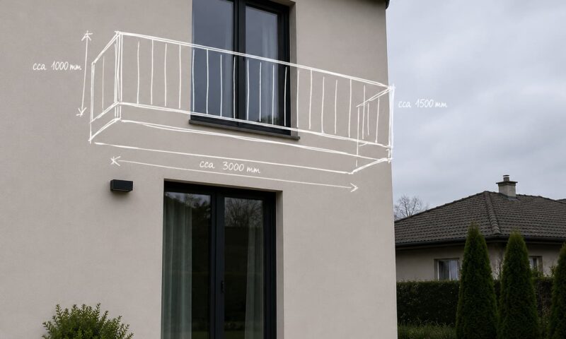 Samonosný balkon: nákres s rozměry, bílé zábradlí, antracitová okna.