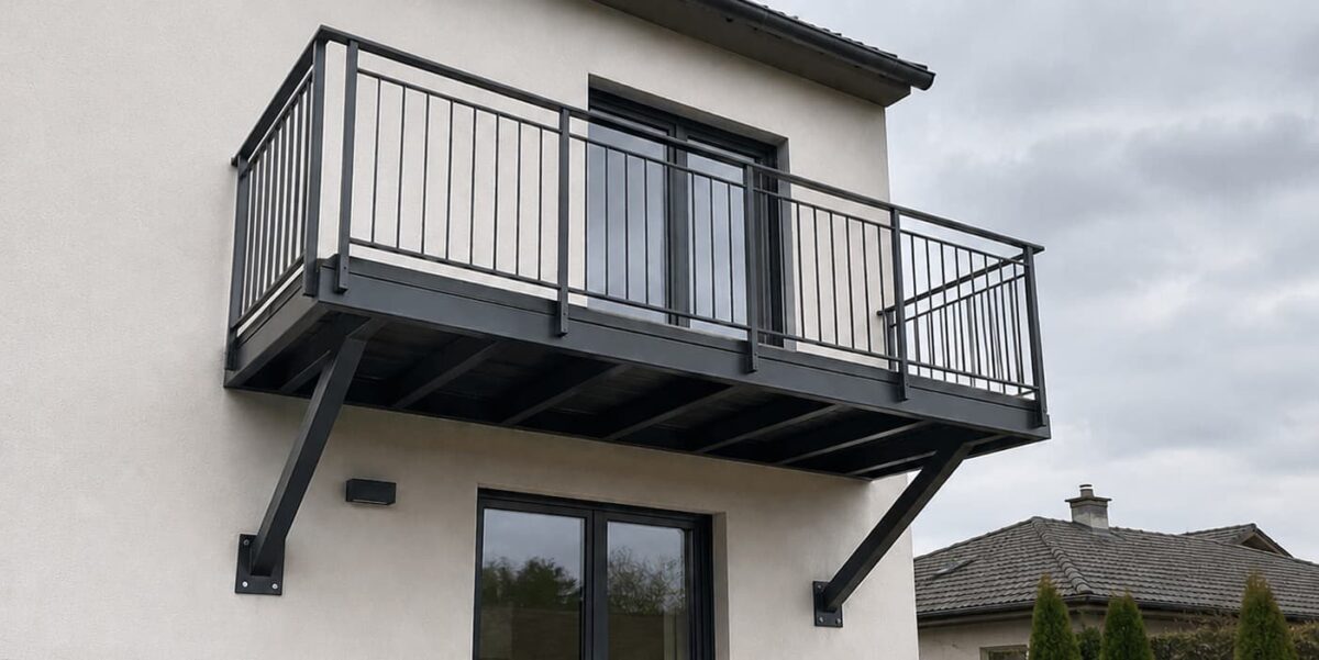 Samonosný ocelový balkon s tmavě šedým povrchem a výplní z tyčí, ukotvený na fasádě domu.
